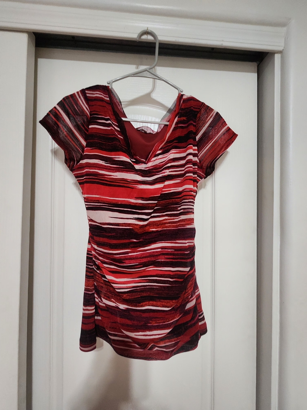 New York & Company Red Striped Drape Neck Short Sleeve Tunic